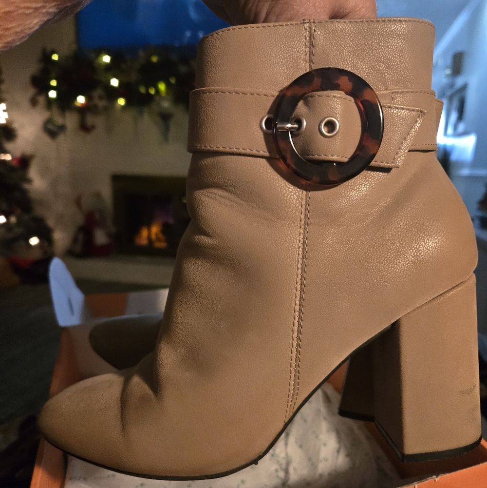 MIA Stella Stone Brussels Block Heel Bootie, Tortoise Buckle, Zip